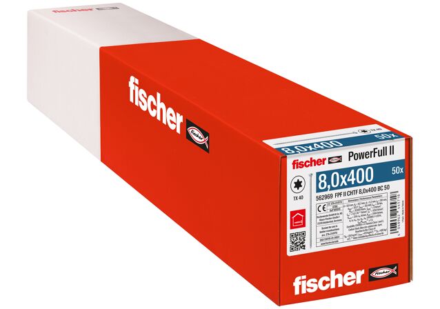 Verpackung: "fischer Vollgewindeschraube PowerFull FPF II CHTF 8,0 x 400 BC 50, Zylinderkopf, TX Antrieb, Vollgewinde, blau passiviert, galvanisch verzinkt, 50 Stück"