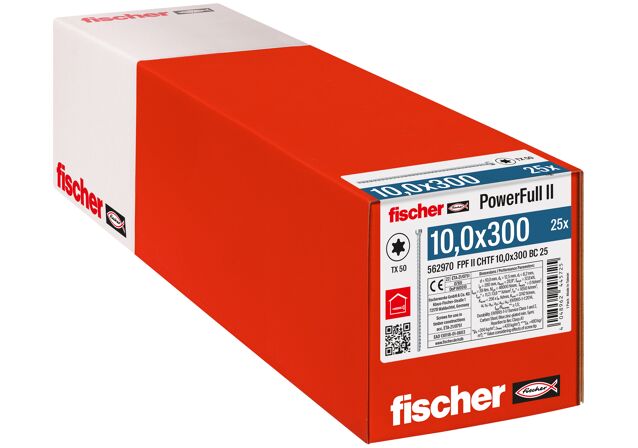 Verpackung: "fischer Vollgewindeschraube PowerFull FPF II CHTF 10,0 x 300 BC 25, Zylinderkopf, TX Antrieb, Vollgewinde, blau passiviert, galvanisch verzinkt, 25 Stück"