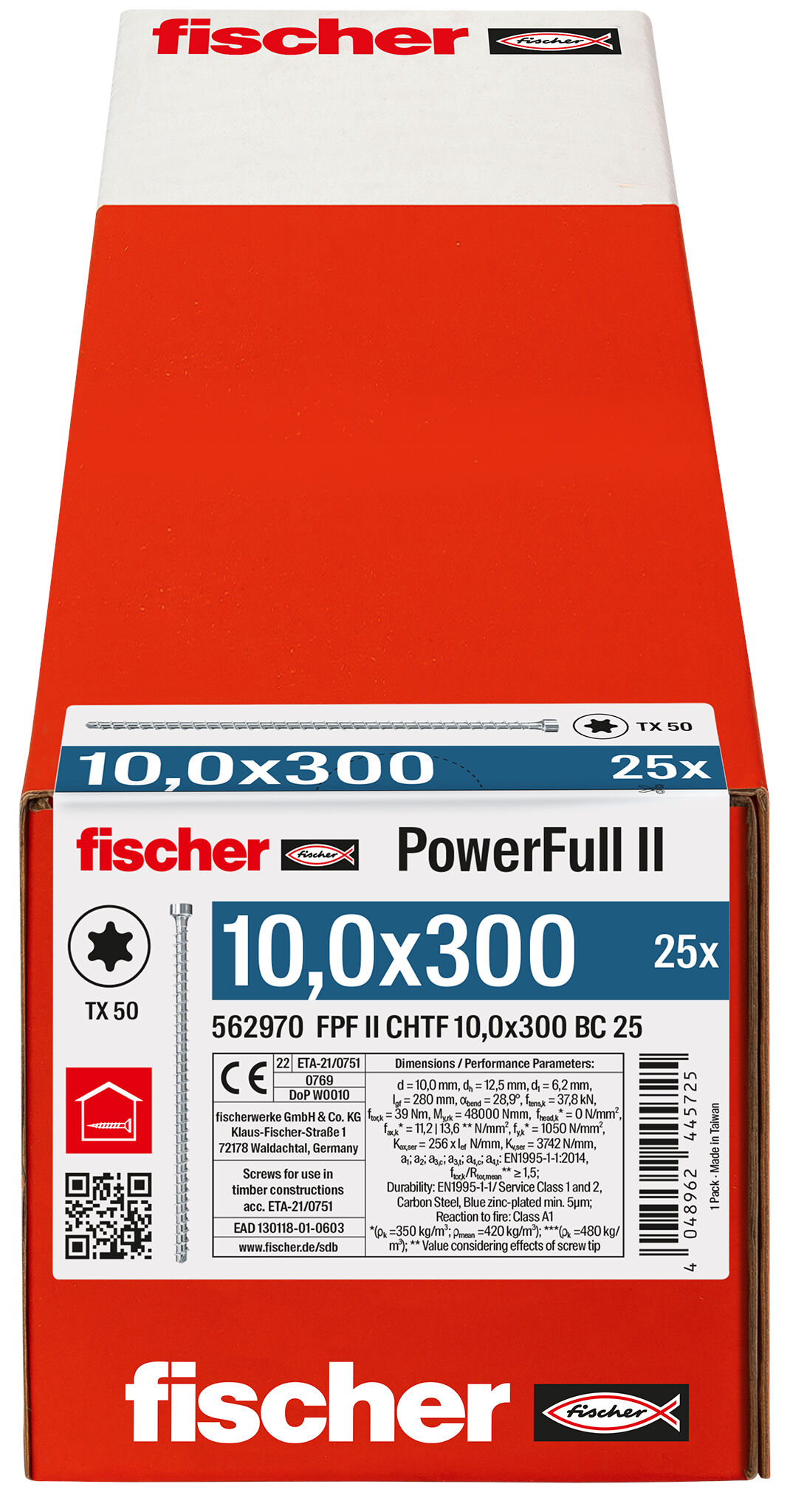 Verpackung: "fischer Vollgewindeschraube PowerFull II CHTF 10,0 x 300 BC 25 Zylinderkopf mit Innenstern TX Vollgewinde galvanisch verzinkt, blau passiviert"