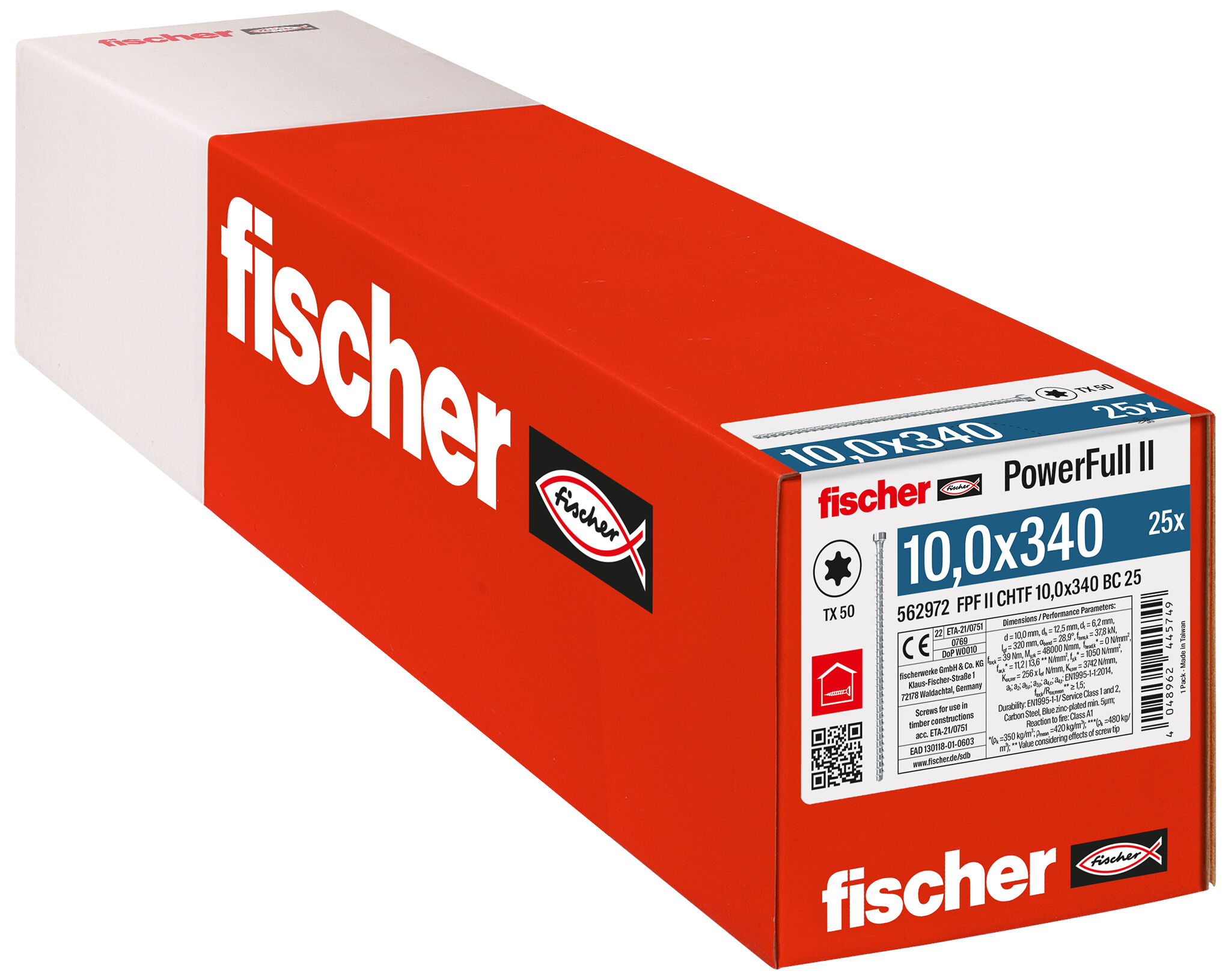 Verpackung: "fischer Vollgewindeschraube PowerFull II CHTF 10,0 x 340 BC 25 Zylinderkopf mit Innenstern TX Vollgewinde galvanisch verzinkt, blau passiviert"