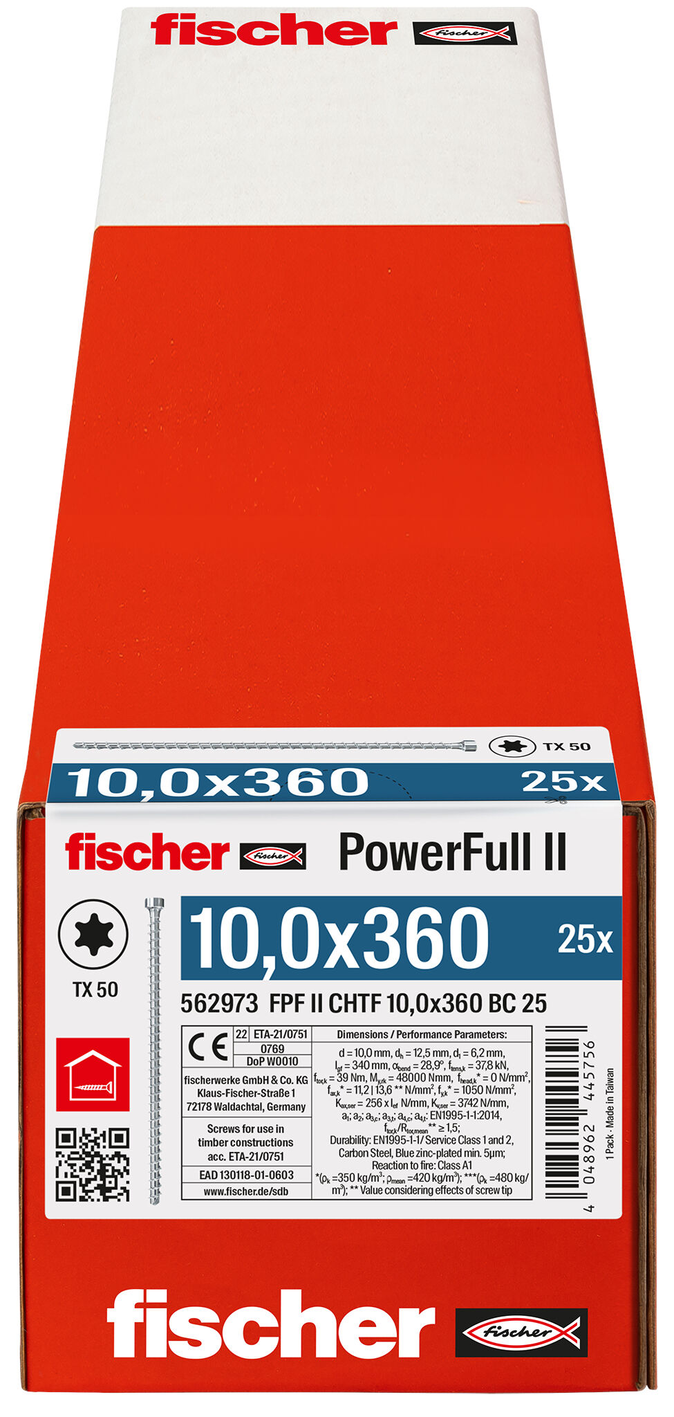 Verpackung: "fischer Vollgewindeschraube PowerFull II CHTF 10,0 x 360 BC 25 Zylinderkopf mit Innenstern TX Vollgewinde galvanisch verzinkt, blau passiviert"