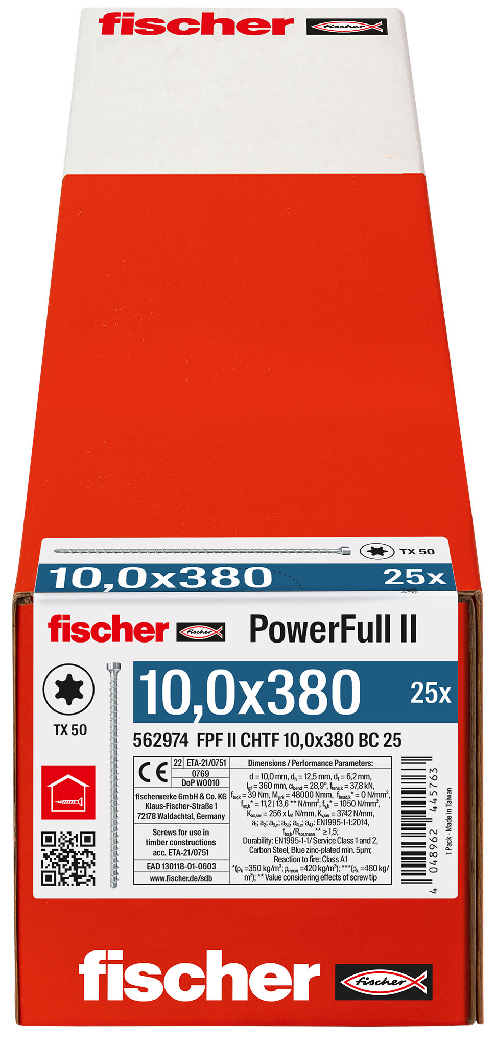Verpackung: "fischer Vollgewindeschraube PowerFull II CHTF 10,0 x 380 BC 25 Zylinderkopf mit Innenstern TX Vollgewinde galvanisch verzinkt, blau passiviert"