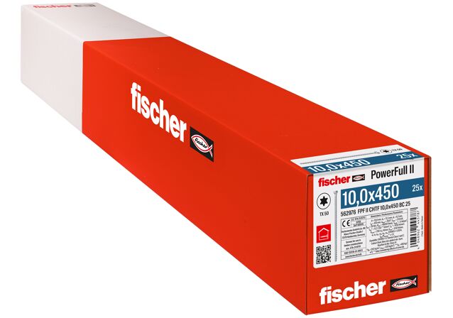 Verpackung: "fischer Vollgewindeschraube PowerFull FPF II CHTF 10,0 x 450 BC 25, Zylinderkopf, TX Antrieb, Vollgewinde, blau passiviert, galvanisch verzinkt, 25 Stück"