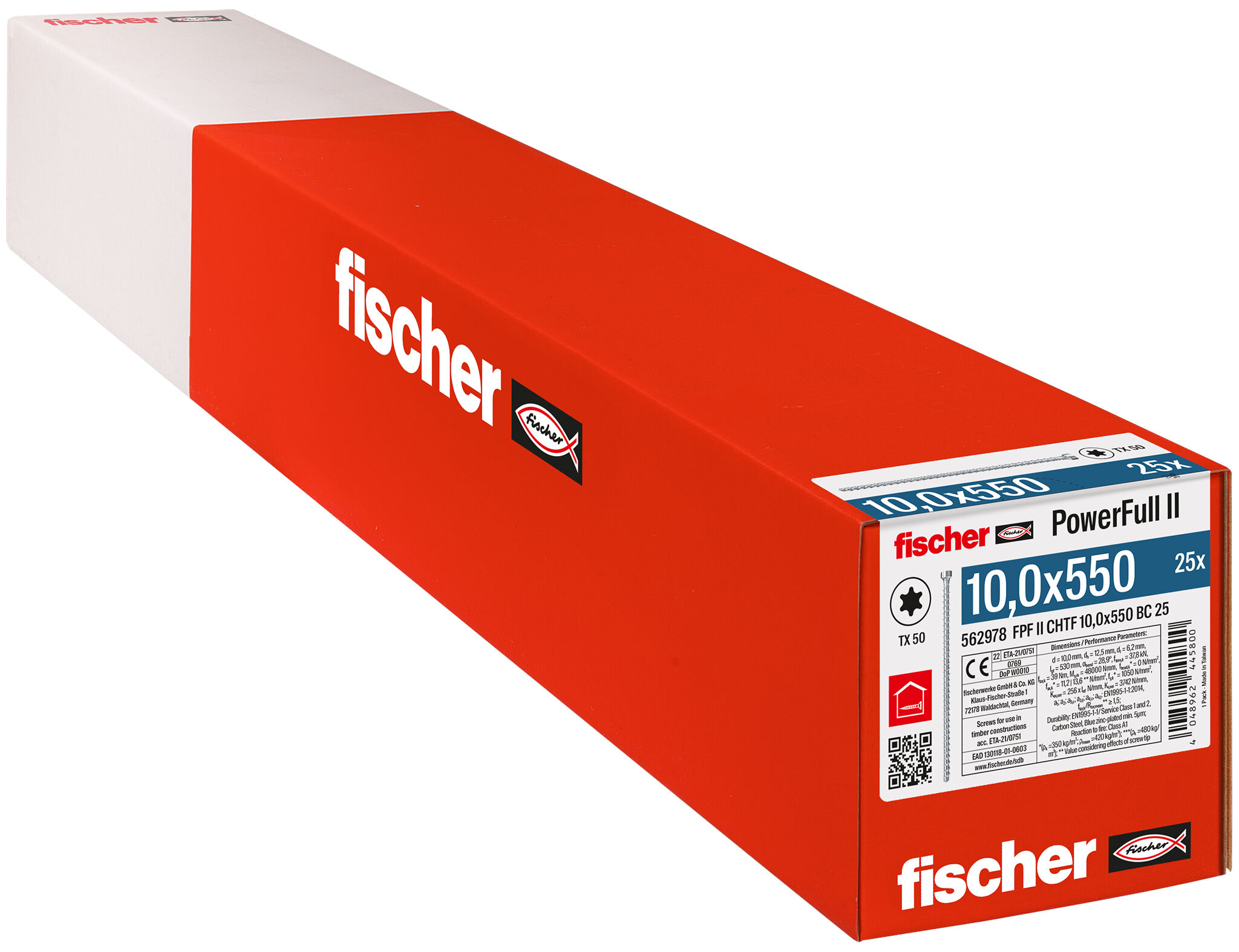 Verpackung: "fischer Vollgewindeschraube PowerFull II CHTF 10,0 x 550 BC 25 Zylinderkopf mit Innenstern TX Vollgewinde galvanisch verzinkt, blau passiviert"