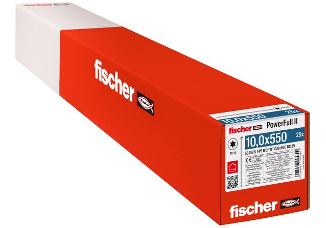 Verpackung: "fischer Vollgewindeschraube PowerFull FPF II CHTF 10,0 x 550 BC 25, Zylinderkopf, TX Antrieb, Vollgewinde, blau passiviert, galvanisch verzinkt, 25 Stück"