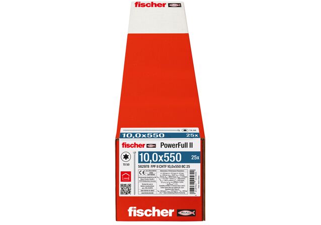 Verpackung: "fischer Vollgewindeschraube PowerFull FPF II CHTF 10,0 x 550 BC 25, Zylinderkopf, TX Antrieb, Vollgewinde, blau passiviert, galvanisch verzinkt, 25 Stück"