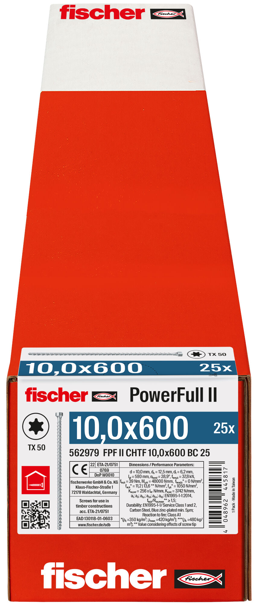 Packaging: "fischer Full thread screw PowerFull II CHTF 10.0 x 600 BC 25 cylinder head TX star recess full thread blue zinc plated"