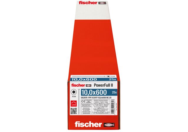 Verpackung: "fischer Vollgewindeschraube PowerFull FPF II CHTF 10,0 x 600 BC 25, Zylinderkopf, TX Antrieb, Vollgewinde, blau passiviert, galvanisch verzinkt, 25 Stück"