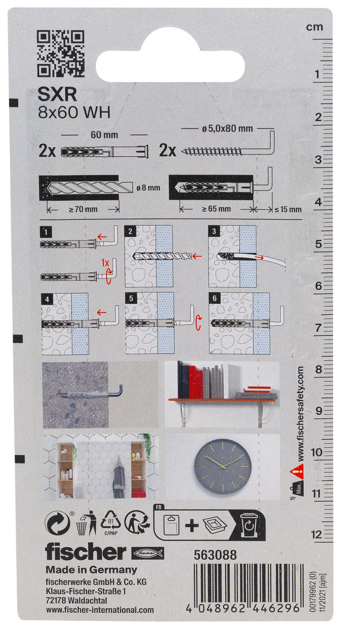 Verpackung: "fischer Langschaftdübel SXR 8 x 60 WH mit Winkelhaken"