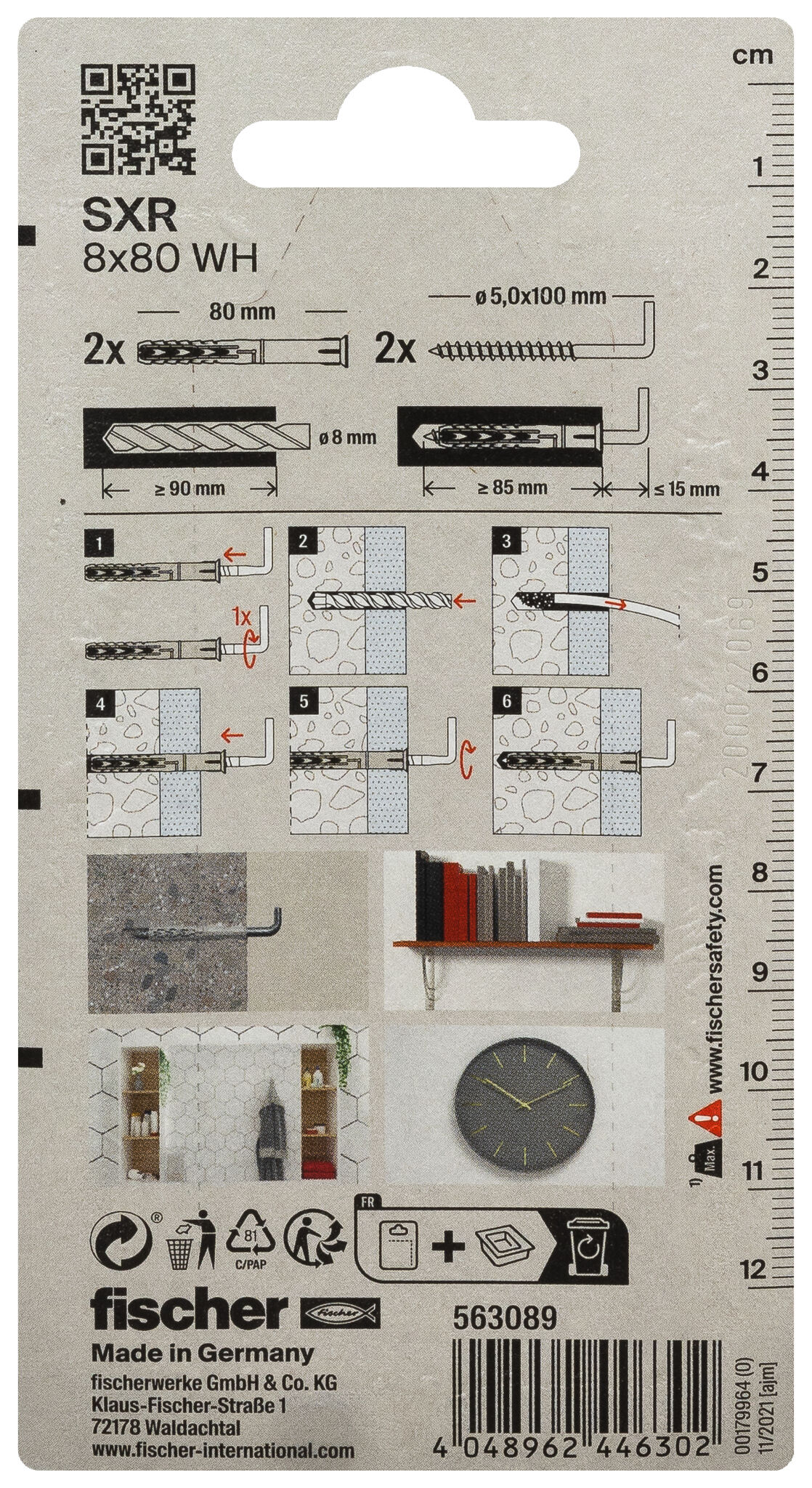 Packaging: "fischer Frame fixing SXR 8 x 80 WH with angle hook SB-card"
