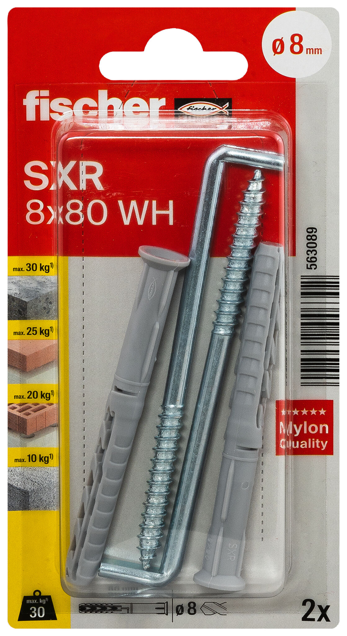 Packaging: "fischer Frame fixing SXR 8 x 80 WH with angle hook SB-card"