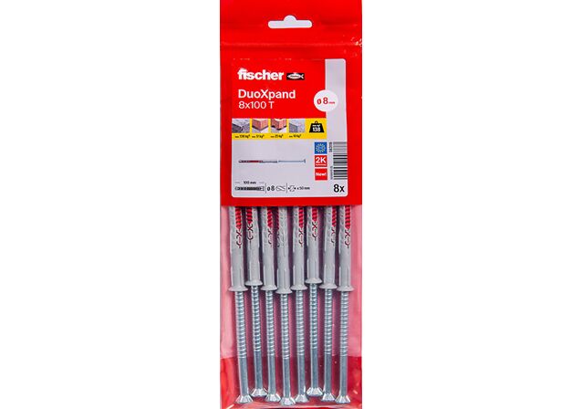 Packaging: "Cheville rallongée DuoXpand 8 x 100 T en acier électrozingué"