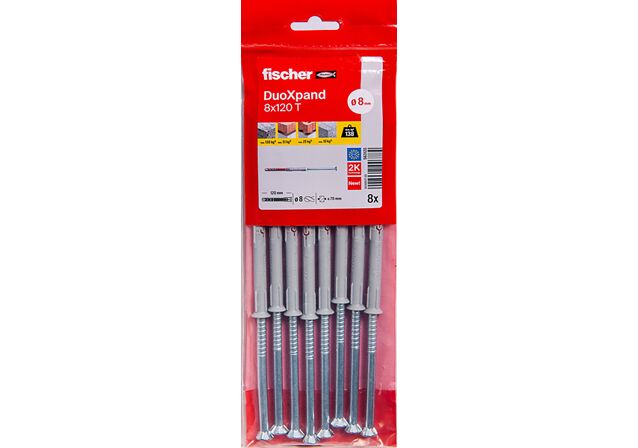 Packaging: "Cheville rallongée DuoXpand 8 x 120 T en acier électrozingué"