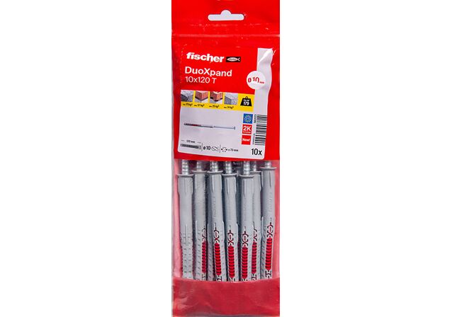 Packaging: "Cheville rallongée DuoXpand 10 x 120 T en acier électrozingué"