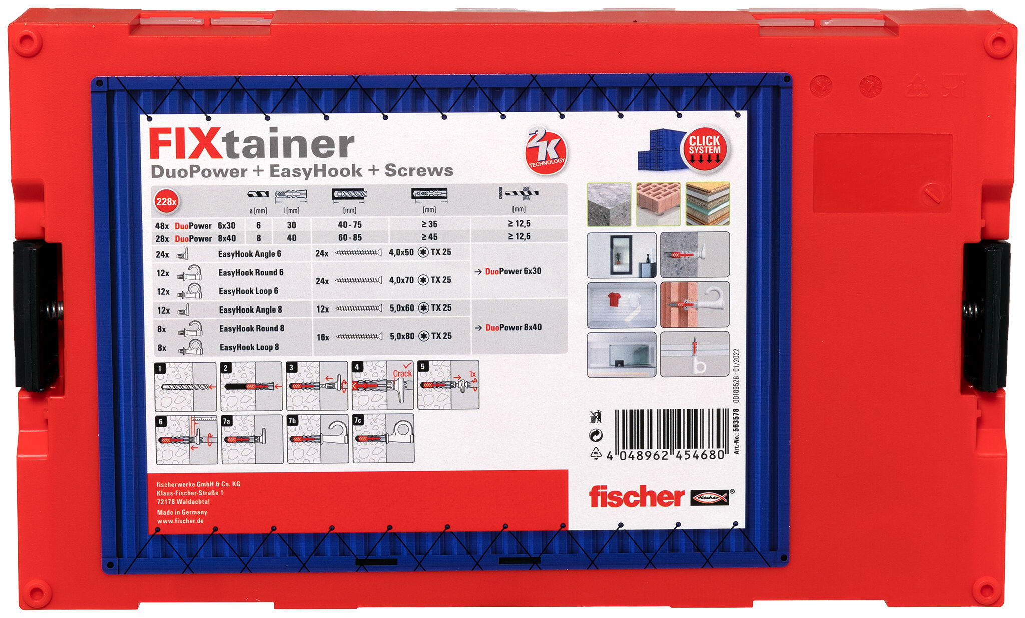 Packaging: "fischer FixTainer DuoPower + EasyHook + Vidalar"