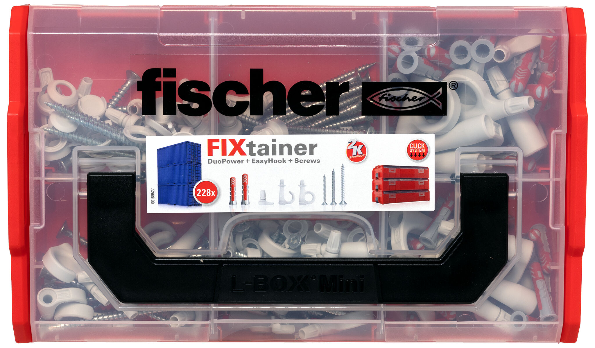 Packaging: "fischer FixTainer DuoPower + EasyHook + Vidalar"