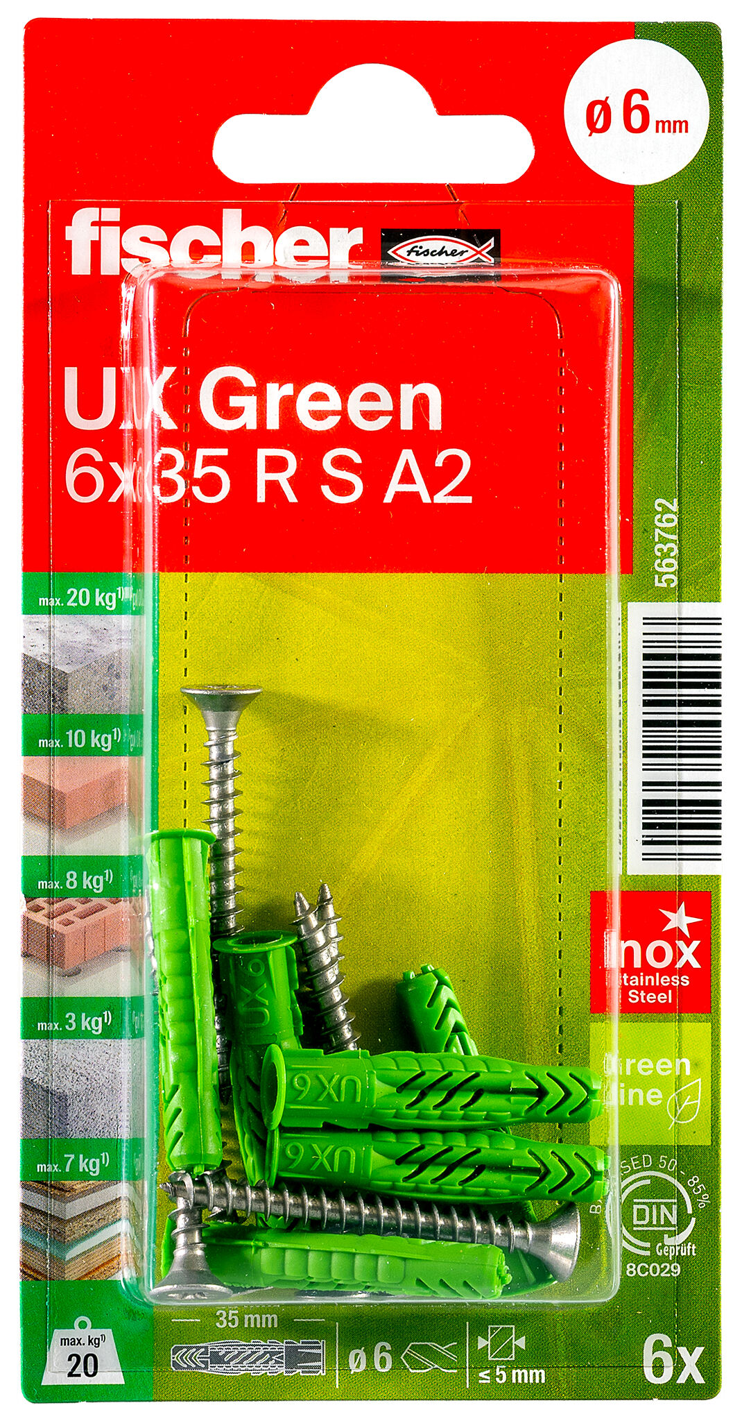 Verpackung: "fischer Universaldübel UX Green 6 x 35 R S mit Rand und Edelstahlschraube A2"