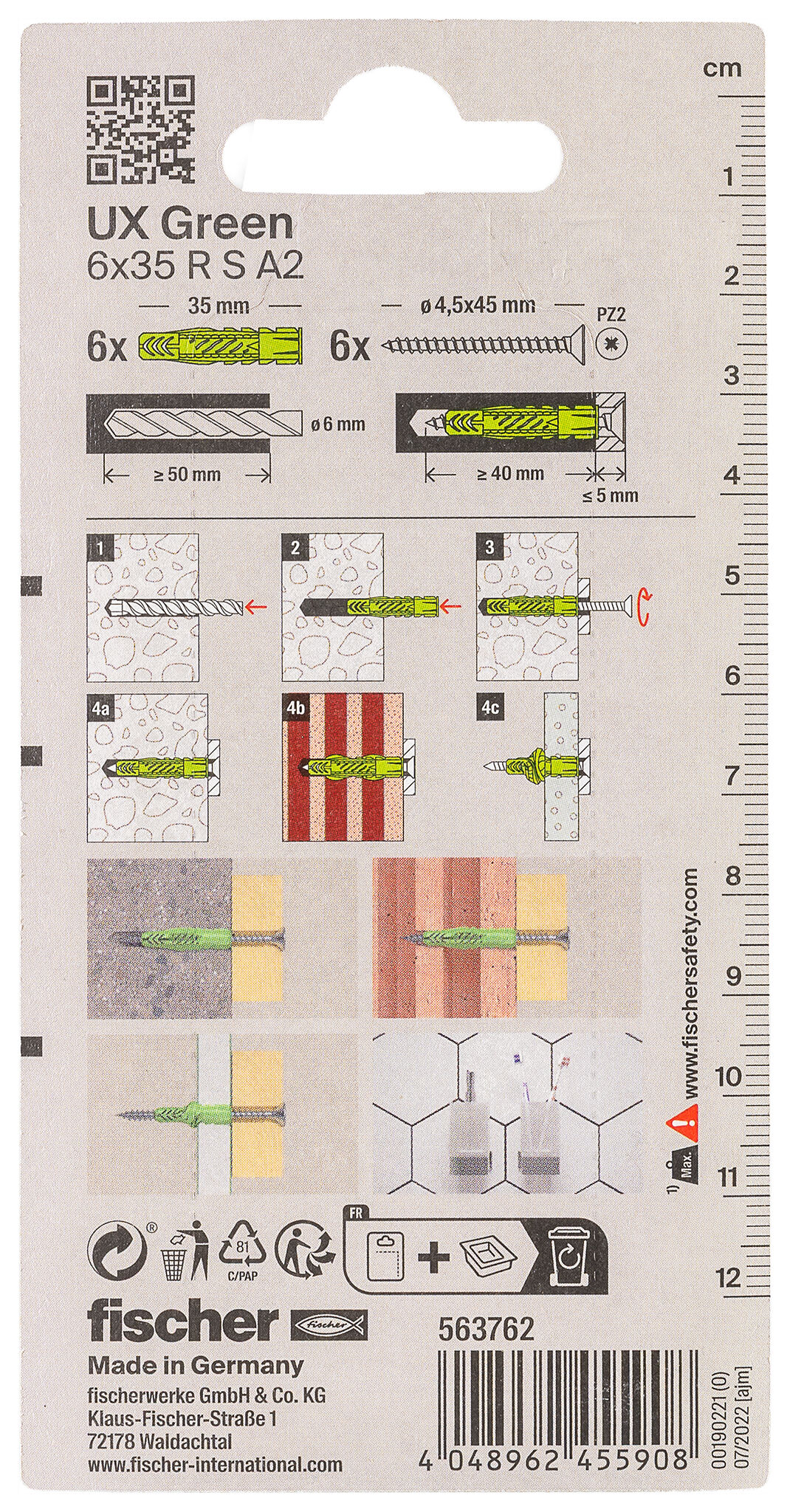 Verpackung: "fischer Universaldübel UX Green 6 x 35 R S mit Rand und Edelstahlschraube A2"