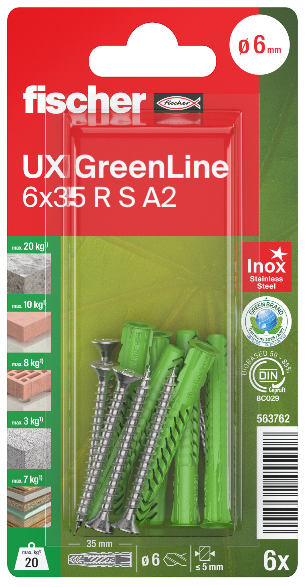 Verpackung: "fischer Universaldübel UX GreenLine 6 x 35 R S mit Rand und Edelstahlschraube A2"