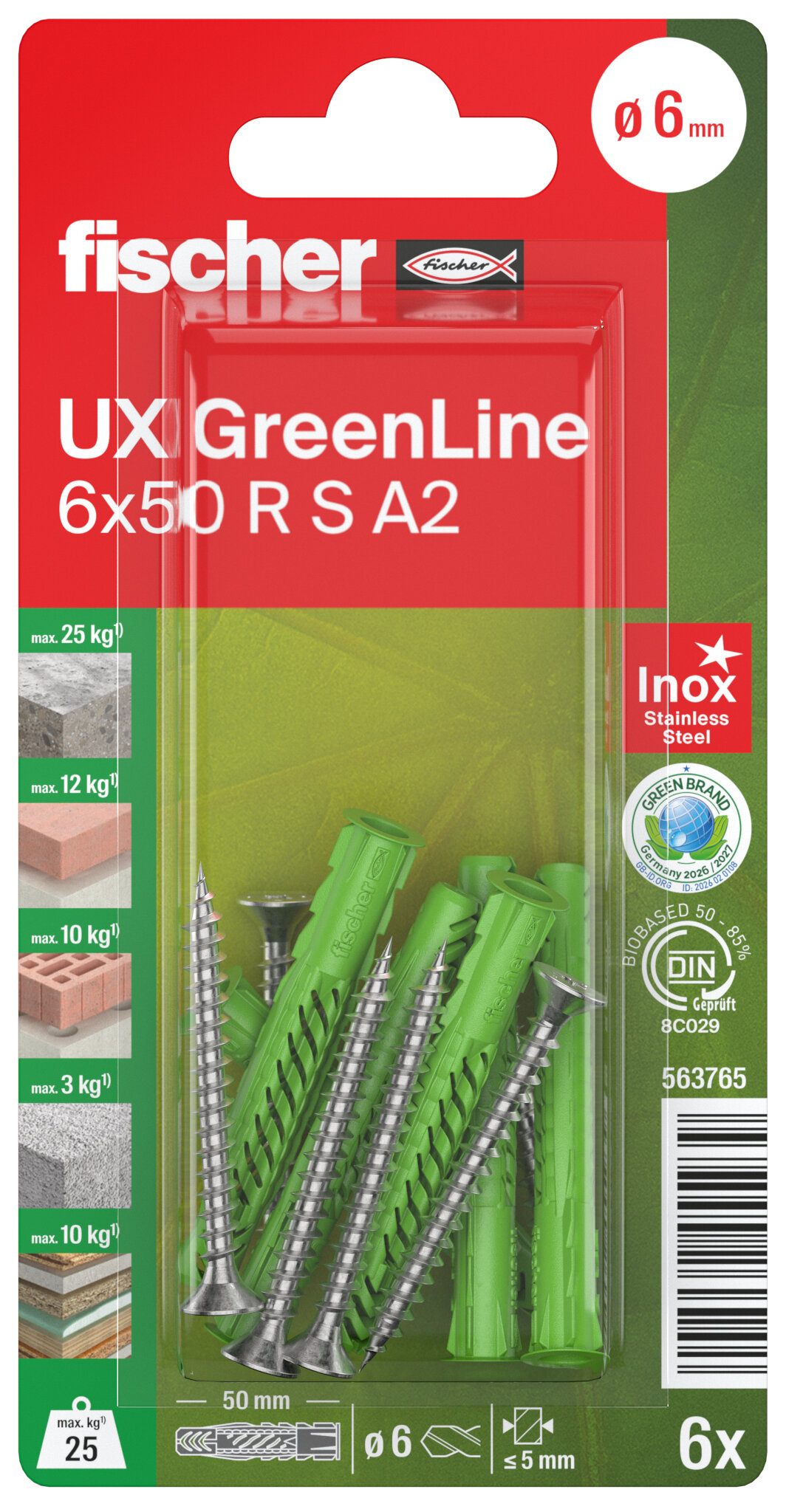 Verpackung: "fischer Universaldübel UX GreenLine 6 x 50 R S mit Rand und Edelstahlschraube A2"