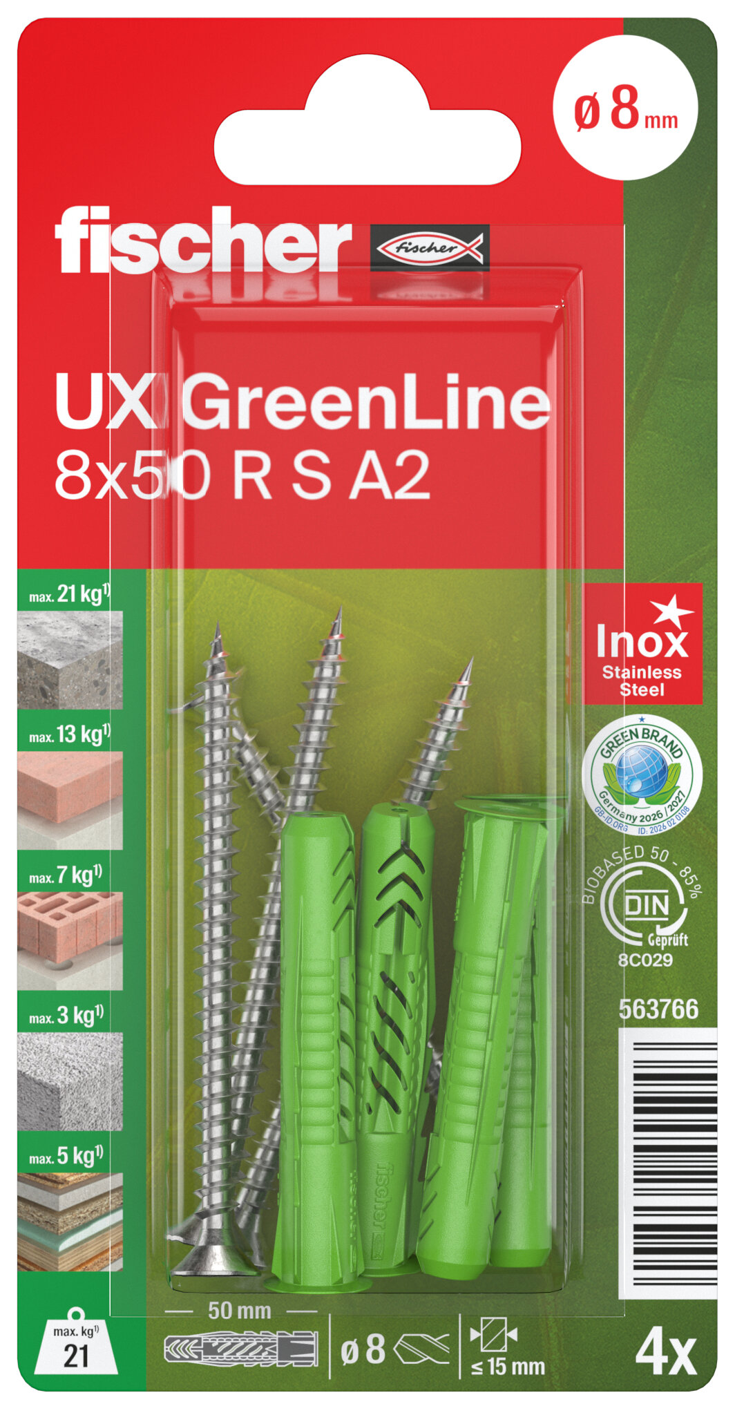 Verpackung: "fischer Universaldübel UX GreenLine 8 x 50 R S mit Rand und Edelstahlschraube A2"