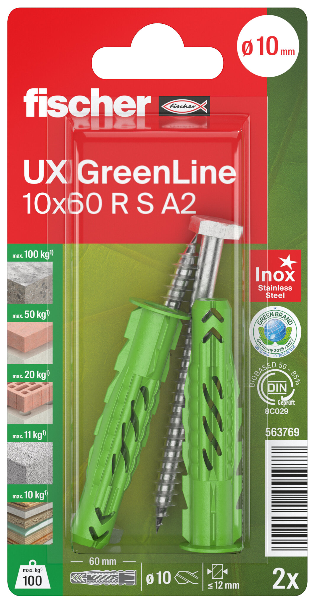 Verpackung: "fischer Universaldübel UX GreenLine 10 x 60 R S mit Rand und Edelstahlschraube A2"