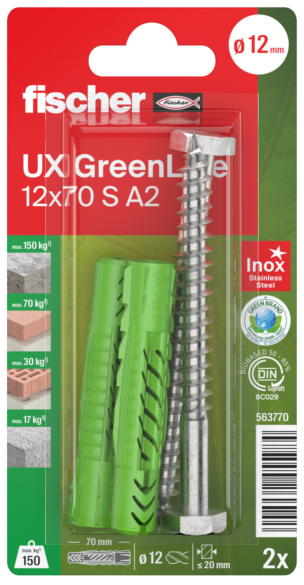 Verpackung: "fischer Universaldübel UX GreenLine 12 x 70 S mit Edelstahlschraube A2"