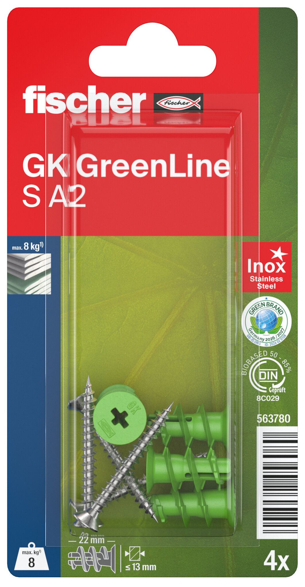 Verpackung: "fischer Gipskartondübel GK GreenLine S mit Edelstahlschraube A2"