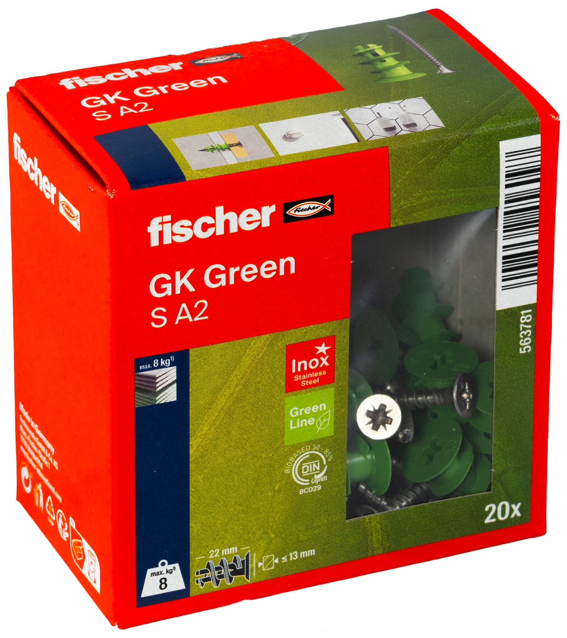 Verpackung: "fischer Gipskartondübel GK Green S mit Edelstahlschraube A2"
