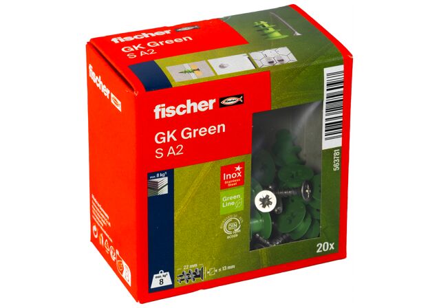 Verpackung: "fischer Gipskartondübel GK Green S mit Edelstahlschraube A2"