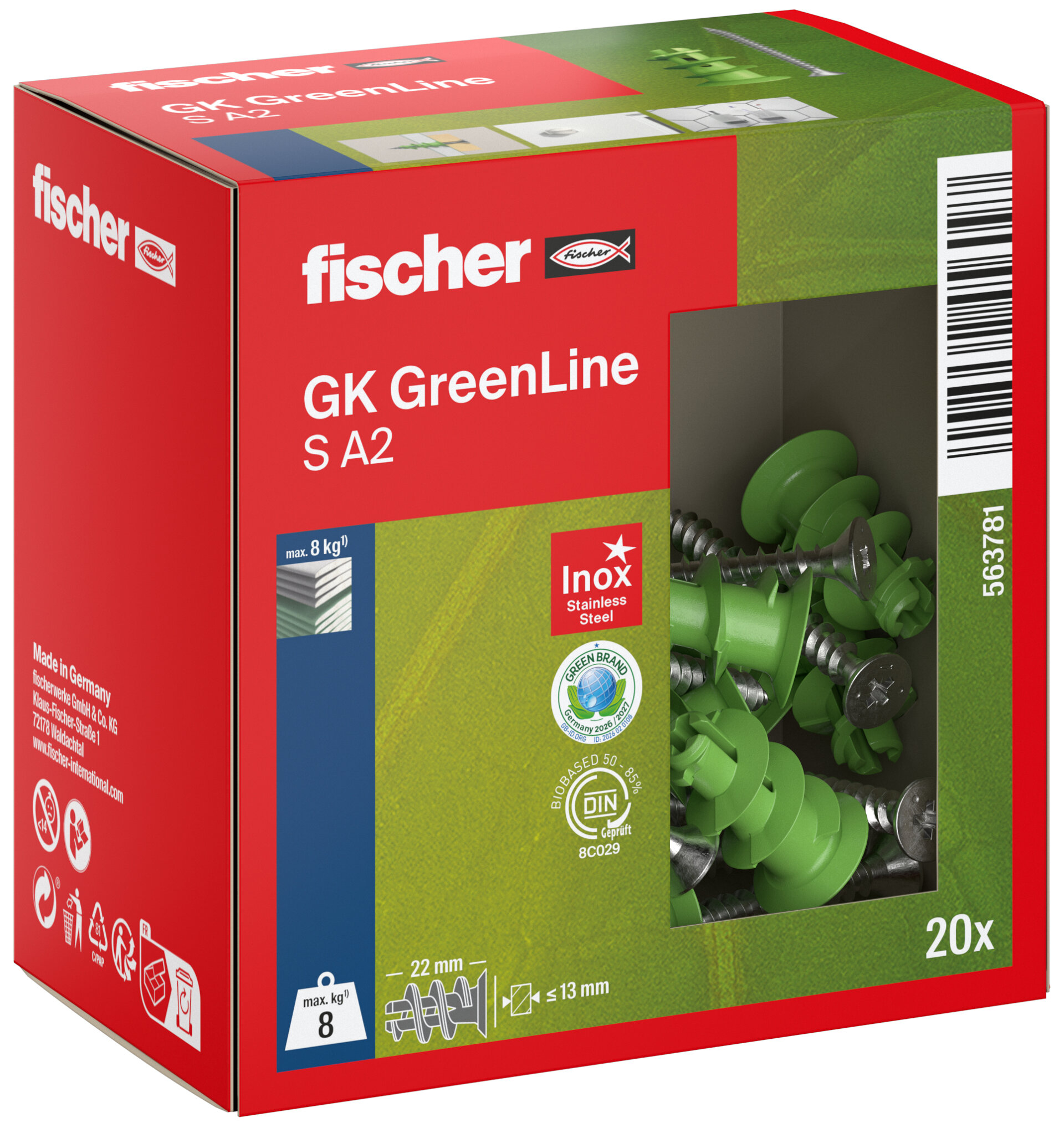 Verpackung: "fischer Gipskartondübel GK GreenLine S mit Edelstahlschraube A2"