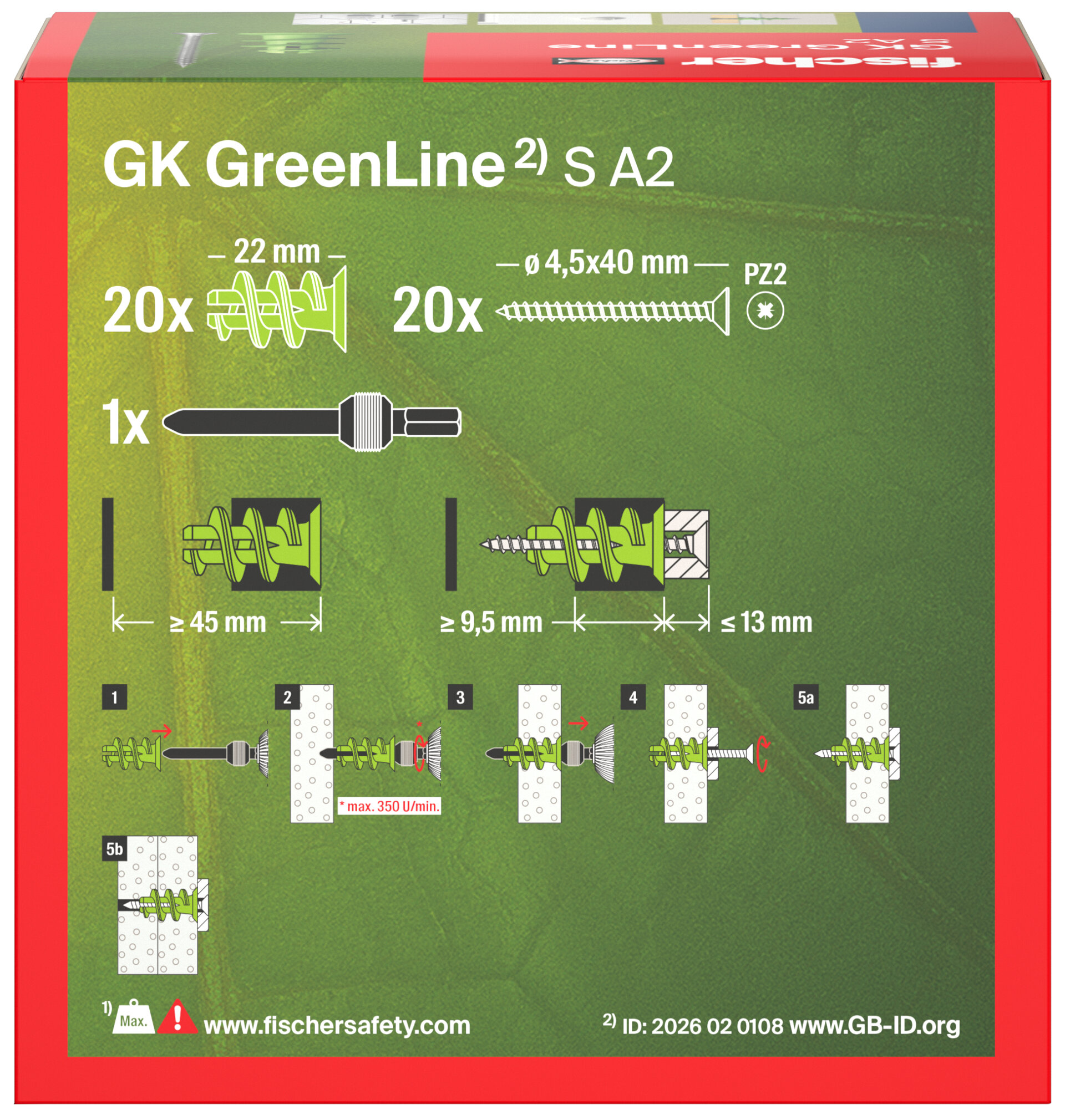 Verpackung: "fischer Gipskartondübel GK GreenLine S mit Edelstahlschraube A2"