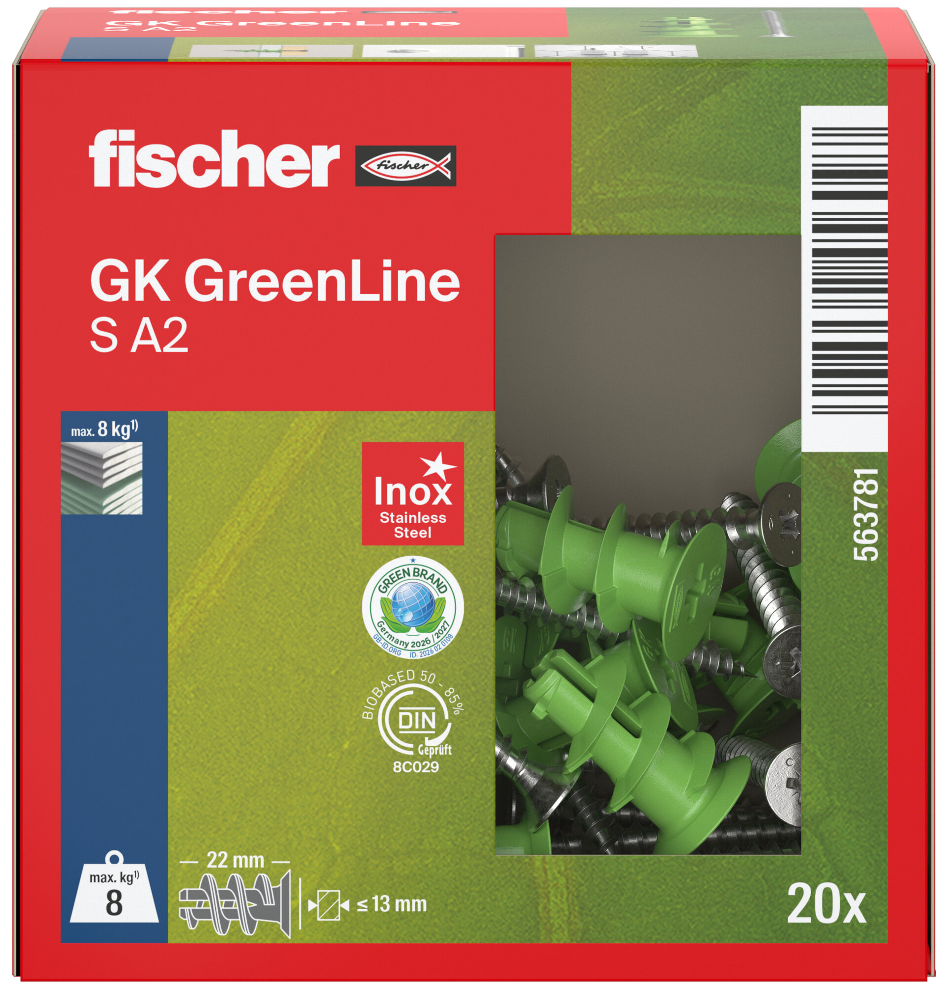 Verpackung: "fischer Gipskartondübel GK GreenLine S mit Edelstahlschraube A2"