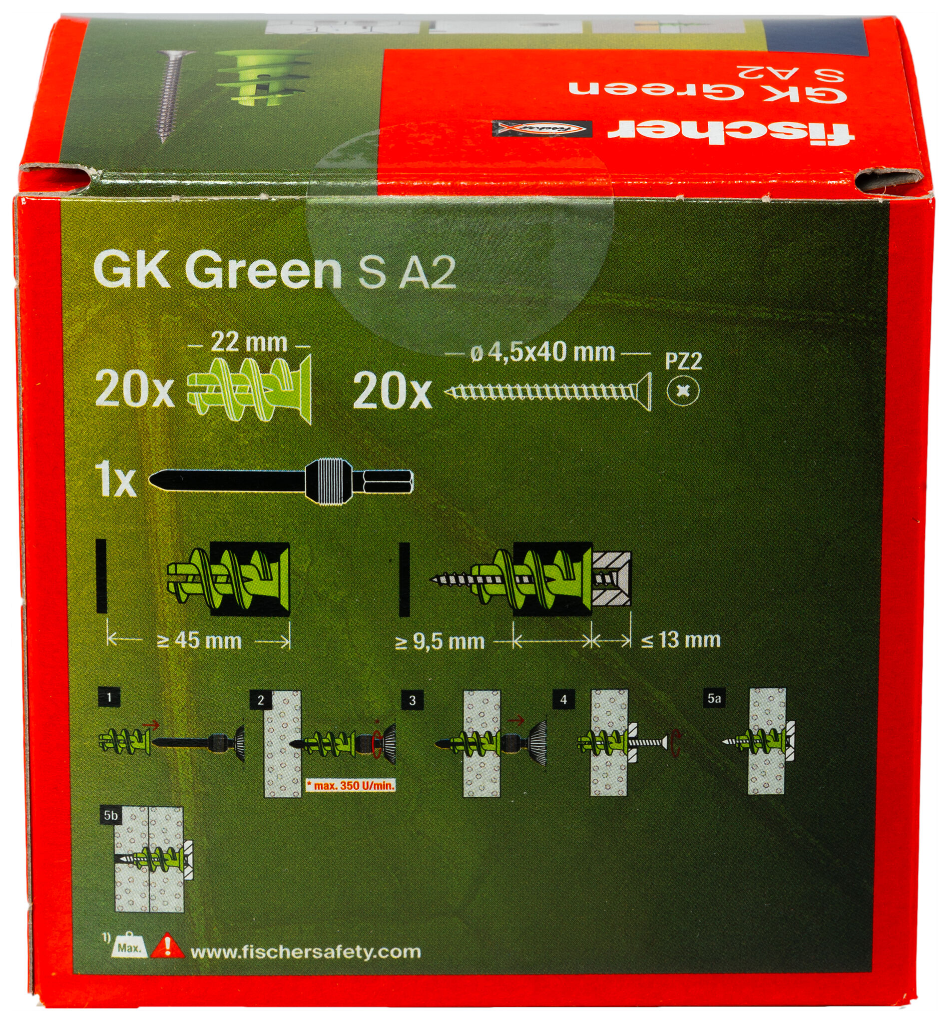 Verpackung: "fischer Gipskartondübel GK Green S mit Edelstahlschraube A2"