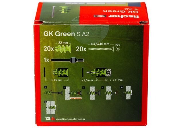 Verpackung: "fischer Gipskartondübel GK Green S mit Edelstahlschraube A2"