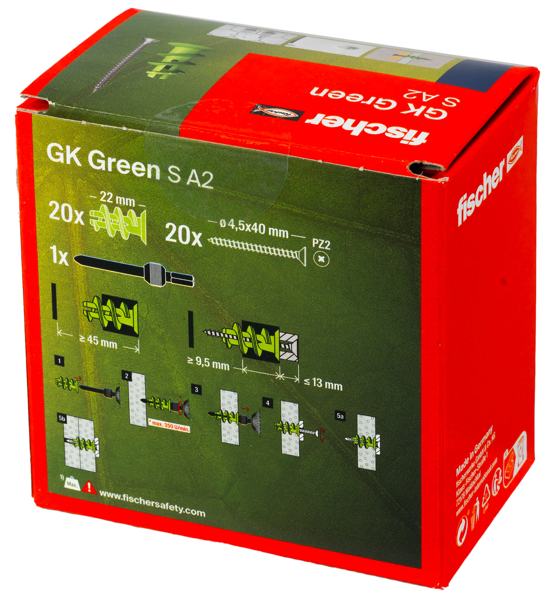 Verpackung: "fischer Gipskartondübel GK Green S mit Edelstahlschraube A2"