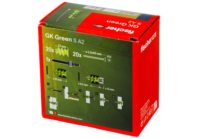 Verpackung: "fischer Gipskartondübel GK Green S mit Edelstahlschraube A2"
