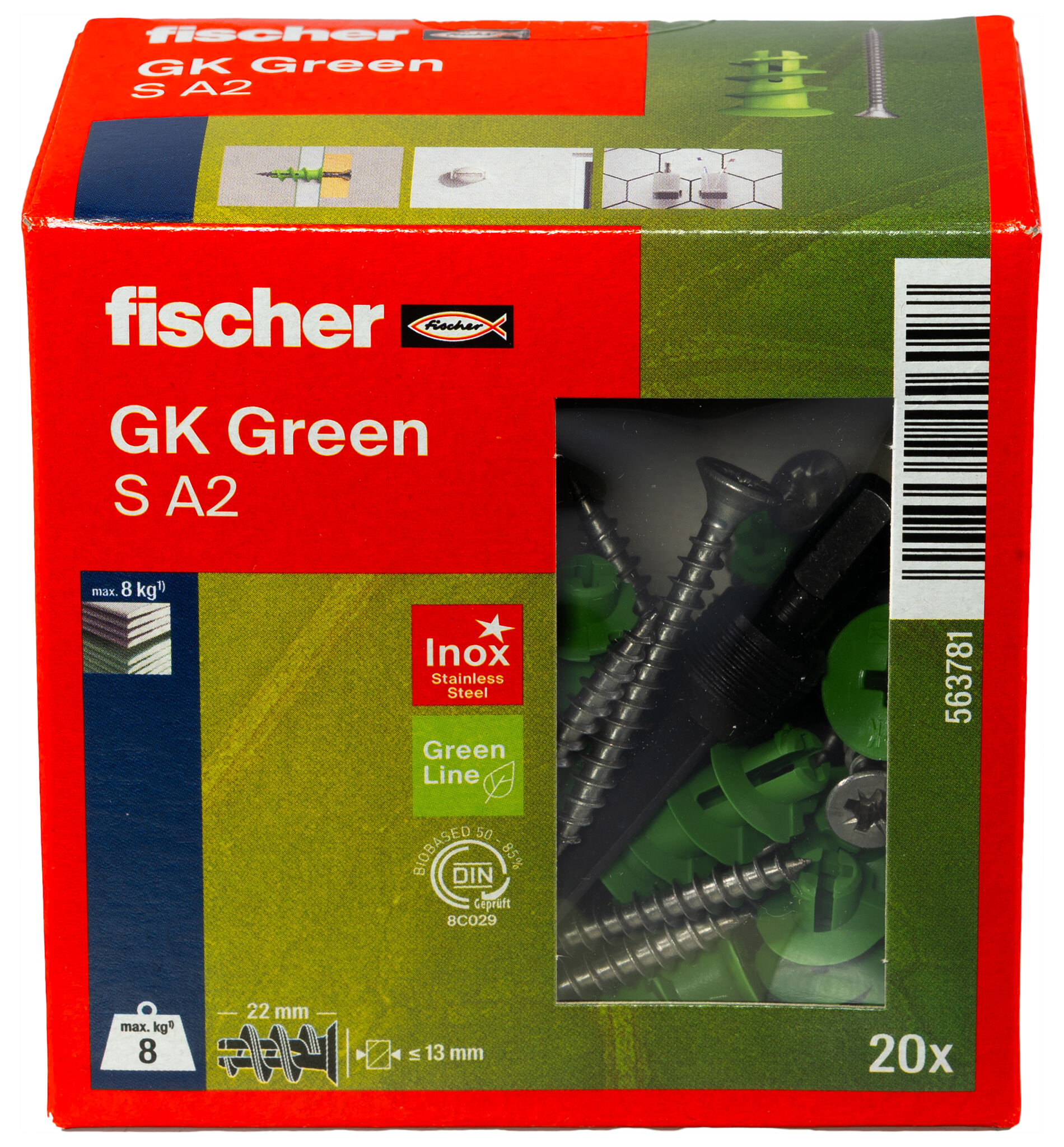 Verpackung: "fischer Gipskartondübel GK Green S mit Edelstahlschraube A2"