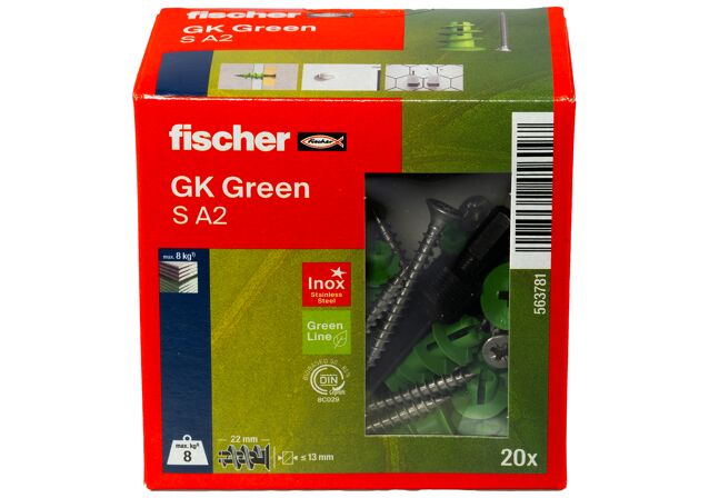 Verpackung: "fischer Gipskartondübel GK Green S mit Edelstahlschraube A2"
