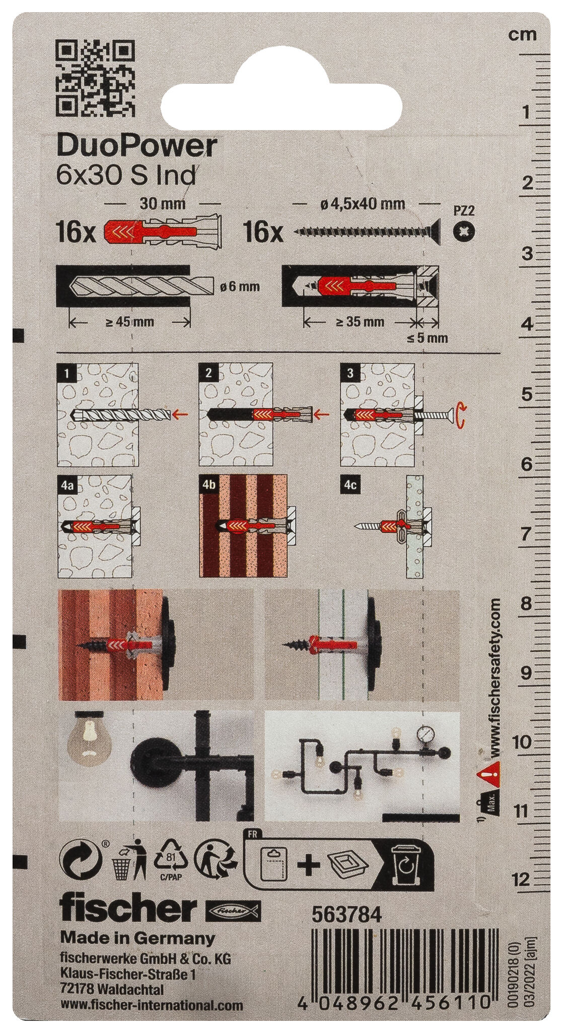 Verpackung: "fischer DuoPower 6 x 30 mit schwarz verzinkten Schrauben im Industriedesign"