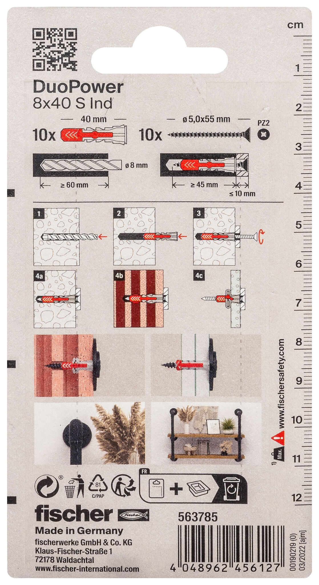 Verpackung: "fischer DuoPower 8 x 40 mit schwarz verzinkten Schrauben im Industriedesign"
