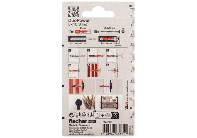Verpackung: "fischer DuoPower 8 x 40 mit schwarz verzinkten Schrauben im Industriedesign"