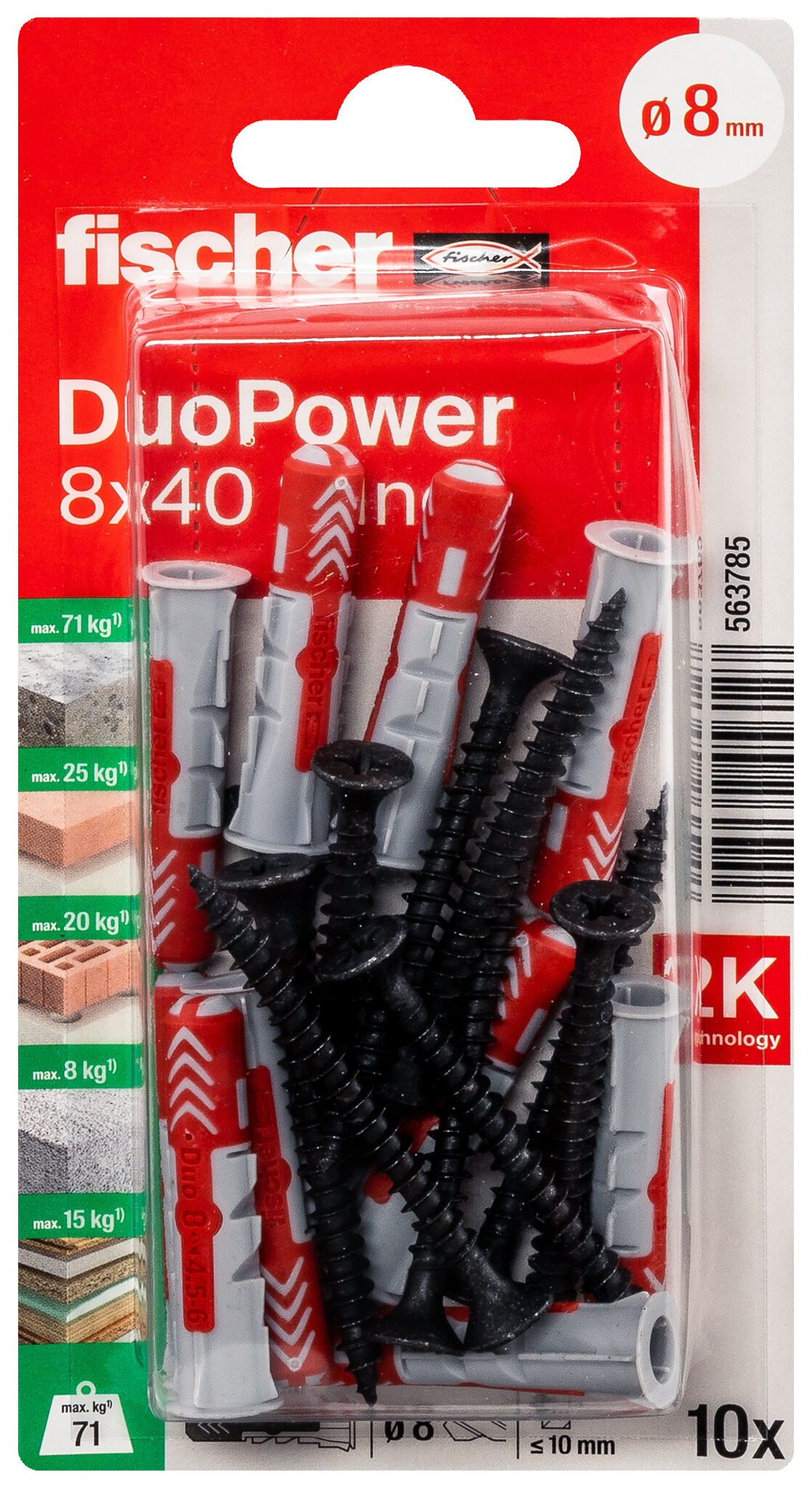 Verpackung: "fischer DuoPower 8 x 40 mit schwarz verzinkten Schrauben im Industriedesign"