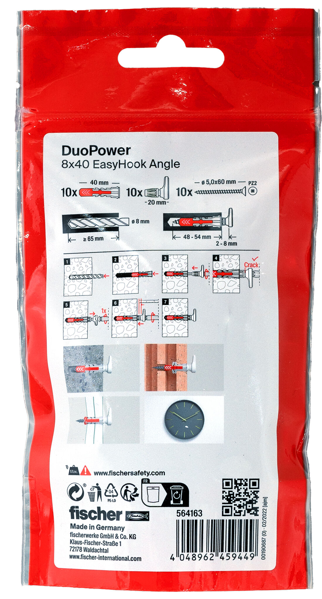 Packaging: "fischer EasyHook Angle DuoPower 8 x 40 PB NV"