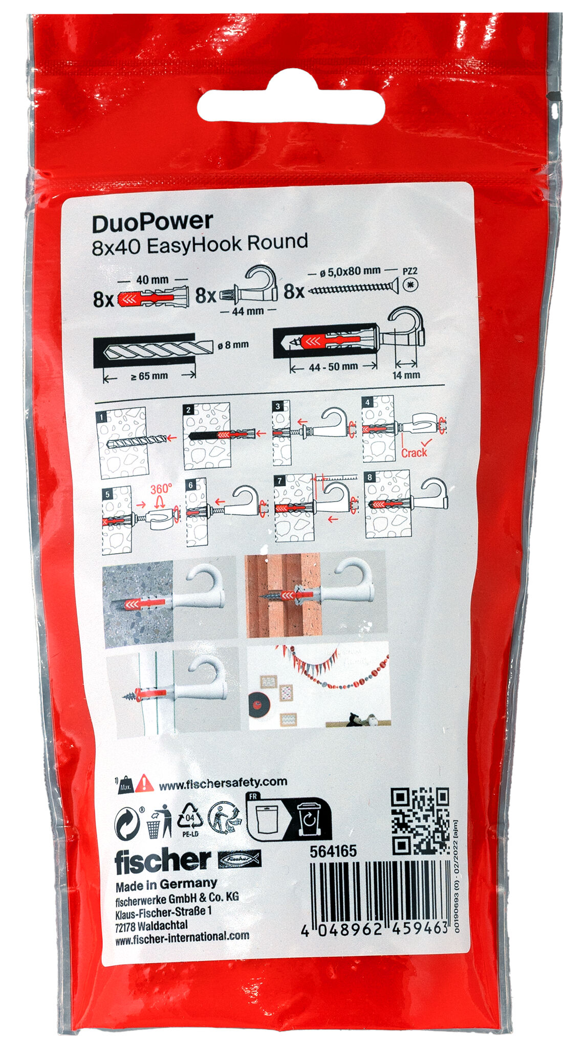 Packaging: "fischer EasyHook Round DuoPower 8 x 40 PB NV"