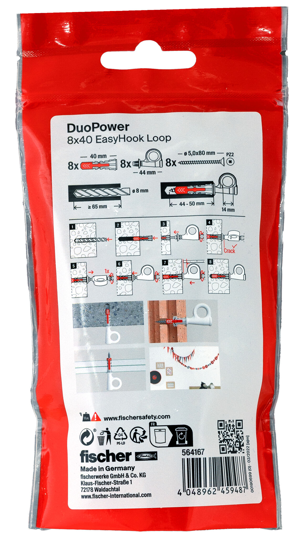 Packaging: "fischer EasyHook Loop DuoPower 8 x 40 PB NV"