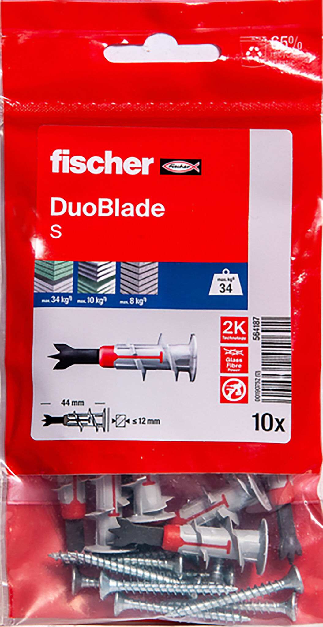 Packaging: "Cheville autoforeuse pour plaques de carton plâtre fischer DuoBlade S avec vis"