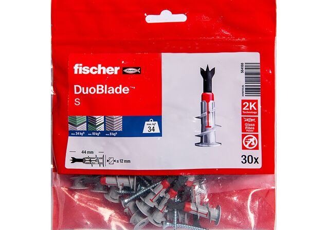 Packaging: "Cheville autoforeuse pour plaques de carton plâtre fischer DuoBlade S avec vis"