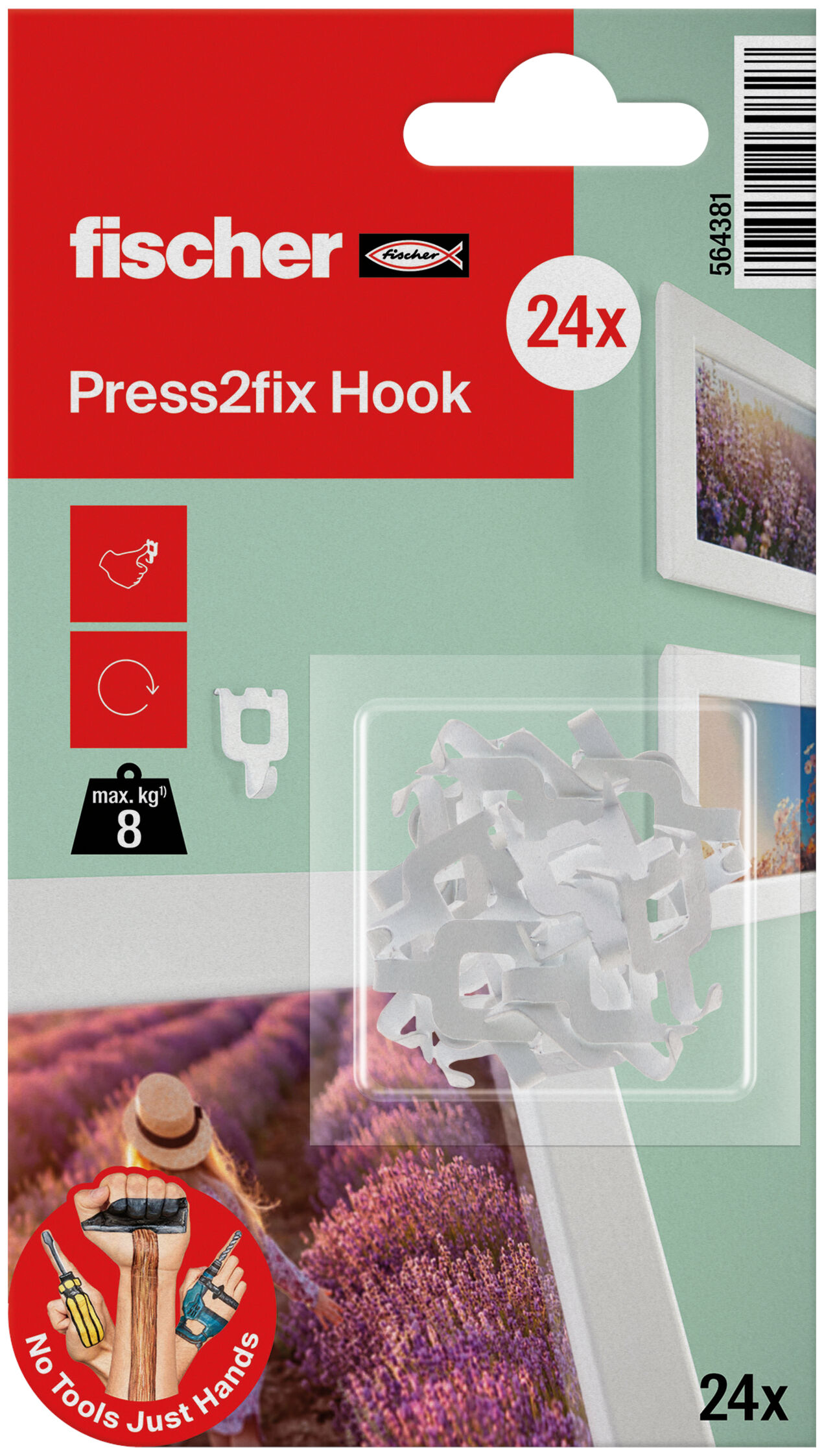 Confezione: "Press2fix Hook Gancio a pressione per fissare senza forare."