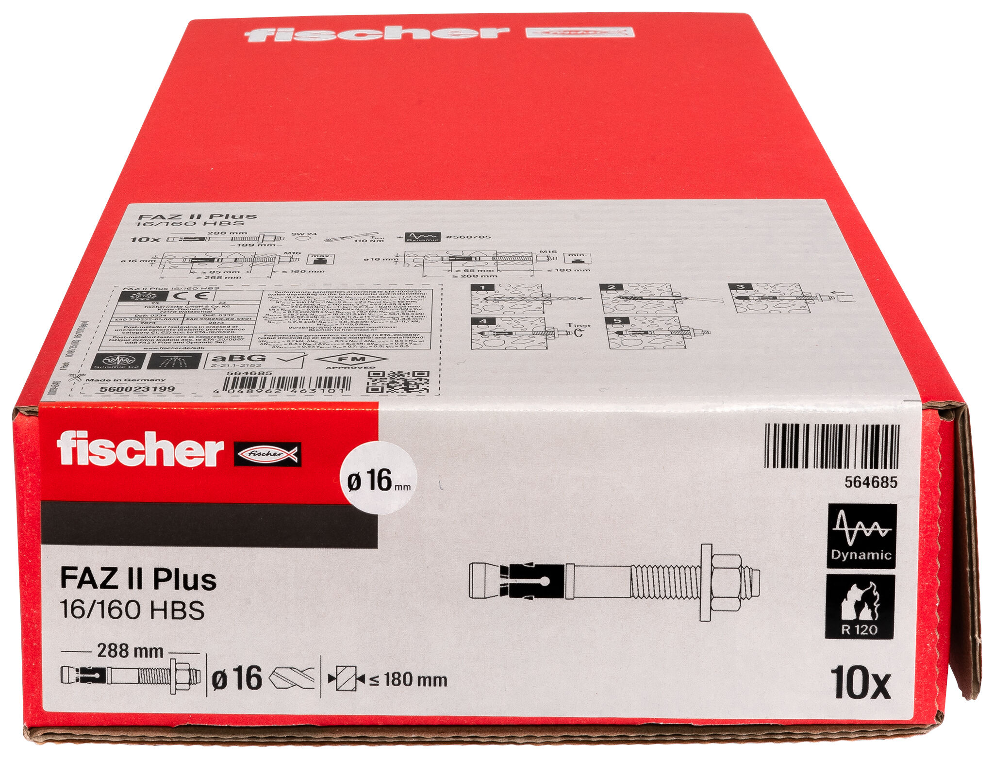 Packaging: "Goujon d'ancrage FAZ II Plus 16/160 HBS en acier électrozingué avec rondelle large pour la construction bois"